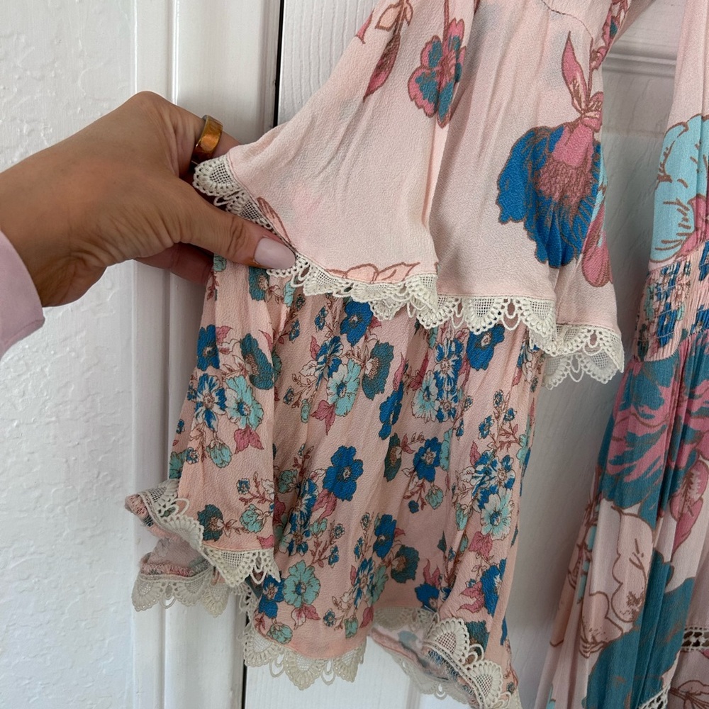 Free People Pink Maxi Dress with Teal and Blue Floral Print - Picture 3 of 4